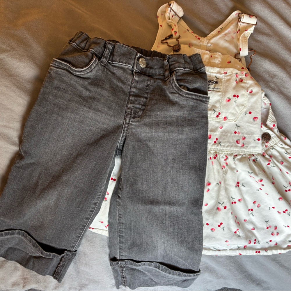 3T OshKosh set - black wide leg jeans and cherry overall dress EUC